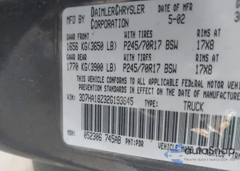 2002 Dodge Ram 1500 St из США, поврежденный, VIN 3D7HA18Z32G193645